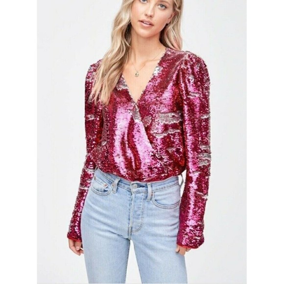 En Saison Womens Size L Bastienne Pink Sequin Bodysuit puffed-sleeve NEW - Picture 1 of 7